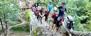 Happy trail riders crossing a stone bridge in the Spanish mountains on horseback